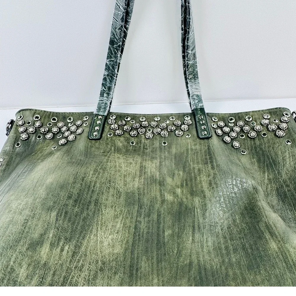 Unique Large Olive Green Distressed Faux Leather Studded Tote Crossbody BOHO
